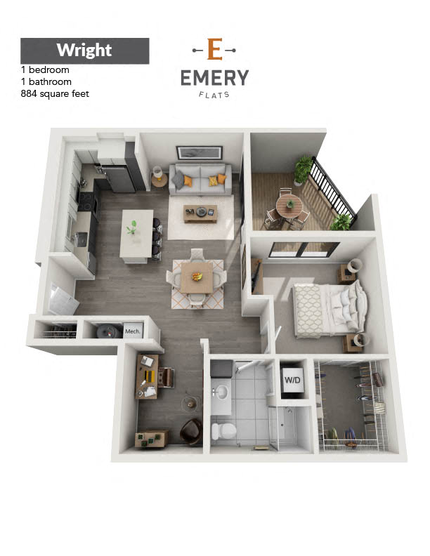 Floor plan for 1 bed, 1 bath, 884 sqft